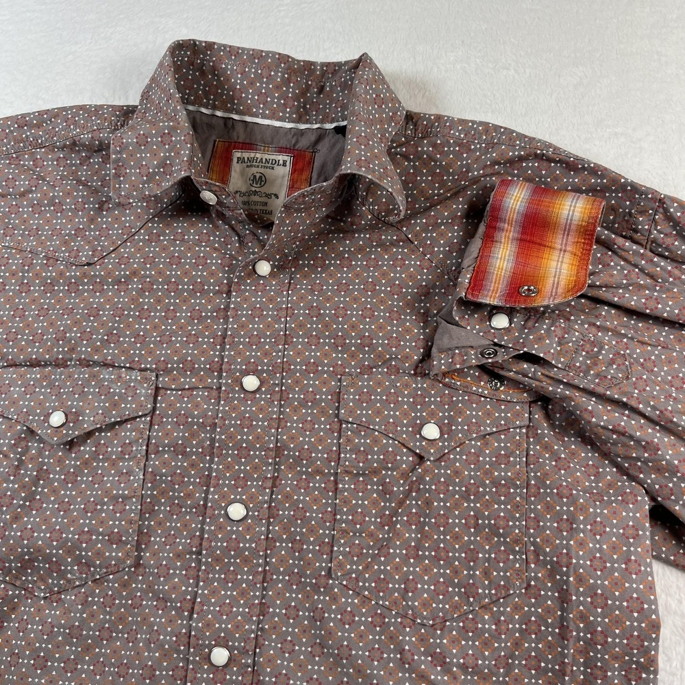 Panhandle Rough Stock Shirt Mens Medium Brown Geometric Long Sleeve Western Snap